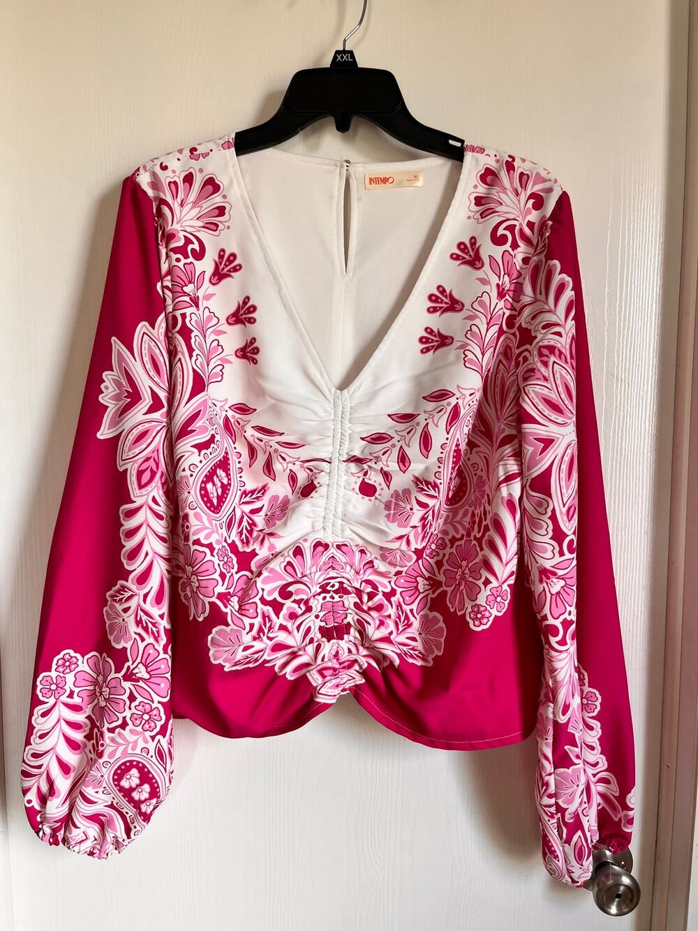 INTEMPO Floral Ruched V-Neck Balloon Sleeve Blouse Pink Magenta White XL